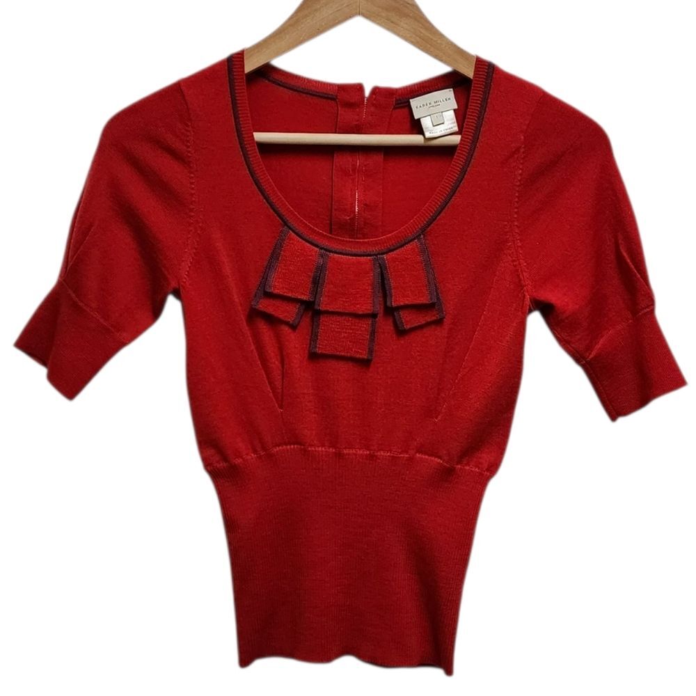 Karen Millen Red Wool Blend Short Slv Zip Knit Top Women Sz XS Layered Bow UK 1